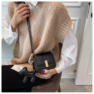 Detail of a black crossbody square bag with gold buckle and cute puppy charm on a model