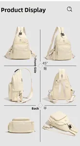 Multi-angle views of cream nylon crossbody bag showing front, side, and back compartments