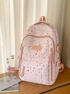 Pink star pattern school backpack with large capacity and multi-pockets for students