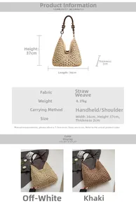 Detail view of woven straw tote bag with dimensions 36x37x2cm and wooden bead handle