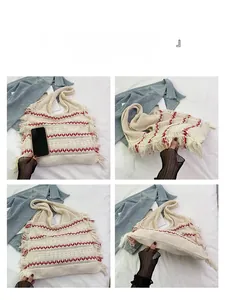 Detail shots of a knitted tote bag with red waves, fringe accents, and large capacity