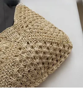 Close-up detail of beige crochet woven pattern and natural fiber texture on tote bag