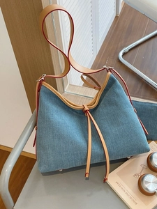 Casual Denim Tote Bag For Women Large Capacity Hobo Shoulder Bag With Mini Pouch Denim Fabric And PU Leather Trim Commuting Bag