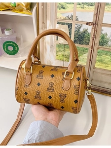 Brown Boston bag with cartoon bear prints and adjustable shoulder strap for women