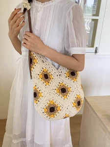 Fashionable handmade sunflower crochet tote bag with brown leather strap for summer style