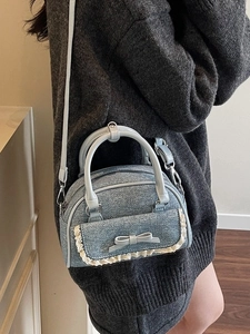 Blue denim shell bag with bow and lace trim, ballet style handbag with crossbody strap