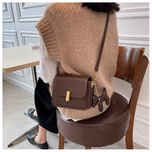 Close-up of small dark brown crossbody bag featuring gold metal clasp and puppy charm