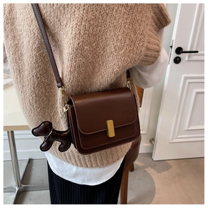 Detail of dark brown leather square bag with gold buckle and dog charm on a model