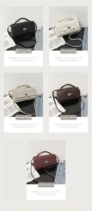 Detail view of five colors of textured leather crossbody bags with silver metal twist locks