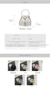Detail specifications of PU leather bucket bag with dimensions and metal handle