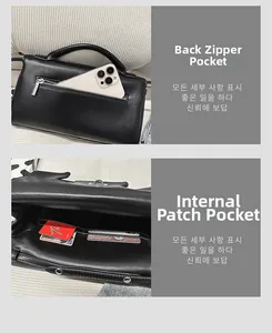 Detail view of the black matte leather handbag showing back zipper pocket and inner slots