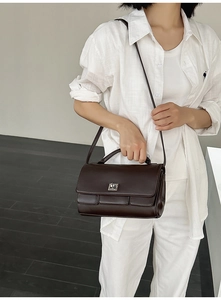 Detail of dark brown structured handbag with silver metal buckle and top handle