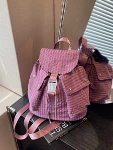 Modischer lila karierter Damenrucksack mit Tragegriff und Klickverschluss für Damen