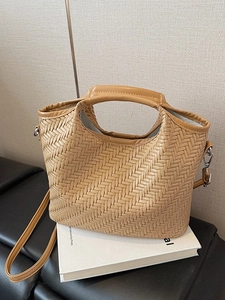 Women Woven PU Leather Bucket Bag Large Capacity Handbag Minimalist Shoulder Crossbody Bag Fashion Daily Tote Handbag