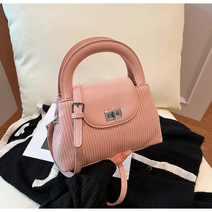 Close-up of pink lychee leather handbag with silver metal lock and side pleat texture