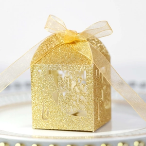 Golden glitter Mr & Mrs laser cut wedding favor box with elegant organza ribbon tie