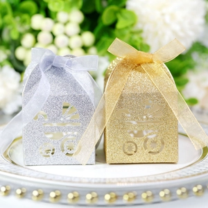 Detailed glittery stroller cutout gift boxes in gold and silver with chiffon ribbons
