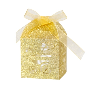 Sparkling gold glitter baby stroller cutout gift box with elegant organza ribbon bow
