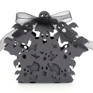 Halloween Candy Gift Box Hollow Laser Cut Pearlescent Paper Party Favor Box With Ribbon Spider Web Ghost Bat Pattern