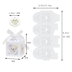 Detailed size guide for white laser-cut heart candy box with ribbons and gift tags