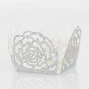 Laser-cut silver glitter cupcake wrappers with elegant rose flower hollow patterns