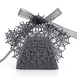 Black laser-cut Halloween spider web candy box with elegant black chiffon ribbon bow