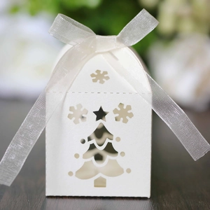 Macro view of white house-shaped gift box with snowflake and tree laser-cut details
