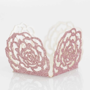 Pink glitter laser-cut rose cupcake wrapper for wedding and party decorations