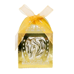 Golden hollow laser cut horse favor box with silk ribbon for party and wedding gifts