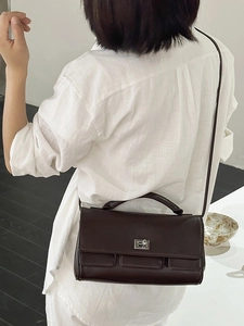Stylish dark brown leather square handbag with silver rotating lock for women