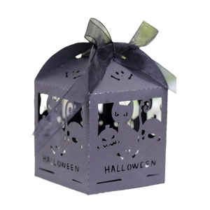Black hollowed-out Halloween gift box with cat, pumpkin, bat patterns and black ribbon bow