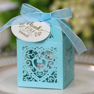 Laser cut light blue gift box with hollow heart pattern and Thank You tag for weddings