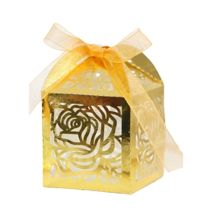 Golden laser-cut rose hollow candy box with ribbon for wedding party favors and gifts