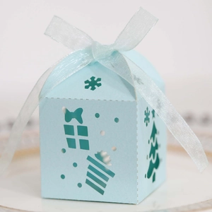 Macro shot of light blue Christmas gift box with laser-cut snowflake and tree details