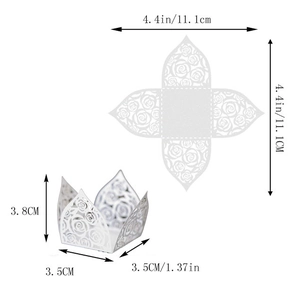 Laser-cut white paper lace cupcake wrapper with rose patterns and product dimensions