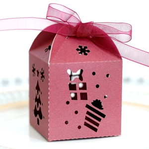 Elegant wine red Christmas hollow gift box with pearl paper and festive ribbon bow