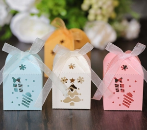 Hollow Christmas Tree Laser Cut Favor Box Ribbon Bow Artificial Pearl Paper Candy Box For Wedding Birthday Christmas Party Decor