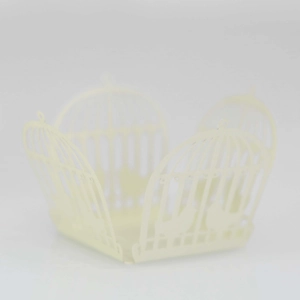 Detailed laser-cut birdcage pattern on cream-colored paper wedding favor candy box lace