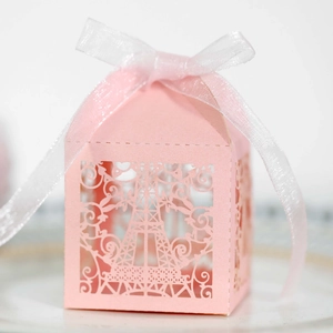 Detail of pink laser-cut Eiffel Tower gift box with white organza ribbon for candy