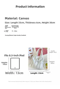 Size comparison of striped canvas tote bag with an 8.3 inch iPad for scale reference
