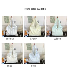 Collage of canvas tote bags in five pastel colors like blue stripes and mint green