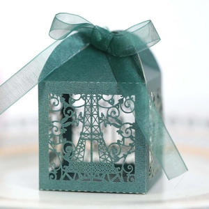 Dark green Eiffel Tower laser-cut gift box with matching chiffon ribbon and pearlescent finish