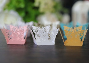 Macro detail of laser-cut butterfly paper ornaments in various pearlescent colors