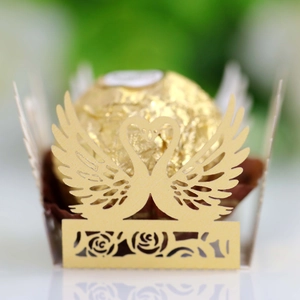 Detailed laser-cut heart swan chocolate box with elegant rose patterns in champagne gold