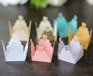 Laser cut wedding cake favor boxes with couple silhouette in various vibrant colors
