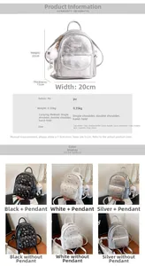 Size guide for PU mini backpack with measurements and color options including black and silver