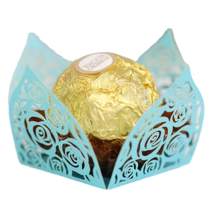 Light blue laser-cut rose chocolate paper wrappers for weddings and holiday parties