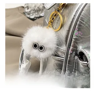 Close-up of white fluffy monster charm with large eyes on silver floral backpack