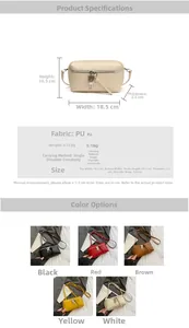 Detail guide for mini rectangular PU crossbody bag with size specs and five color options