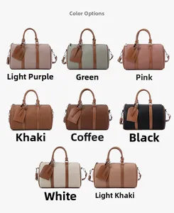 Flat lay array of vintage Boston bags in eight colors with litchi grain finish
